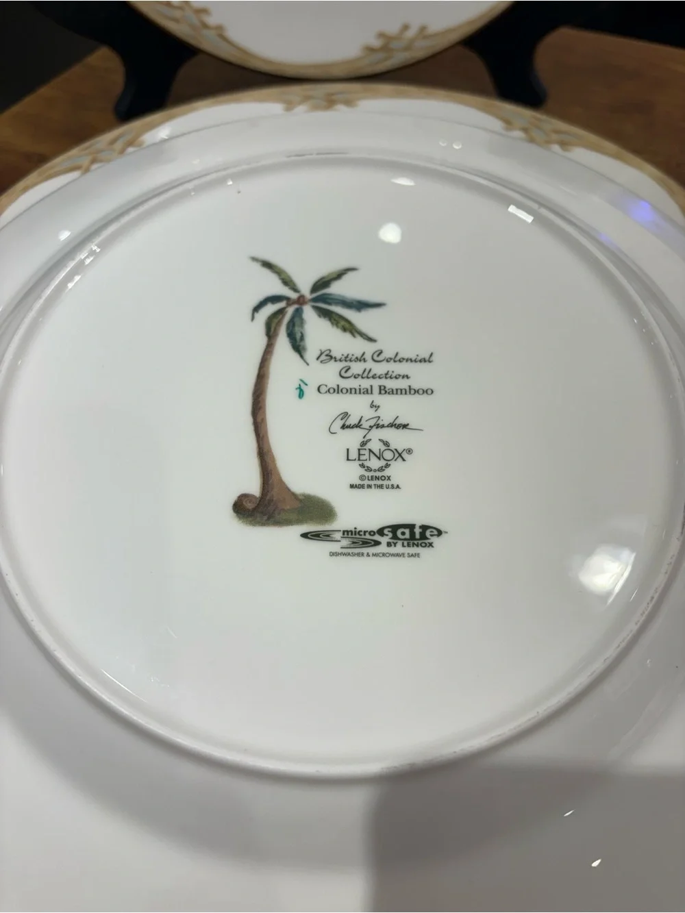 Lenox British Colonial Bamboo White Porcelain Dinner Plates with Gold Accent Rim